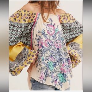Free People Positano Printed Floral Blouse Top Boho Yellow
